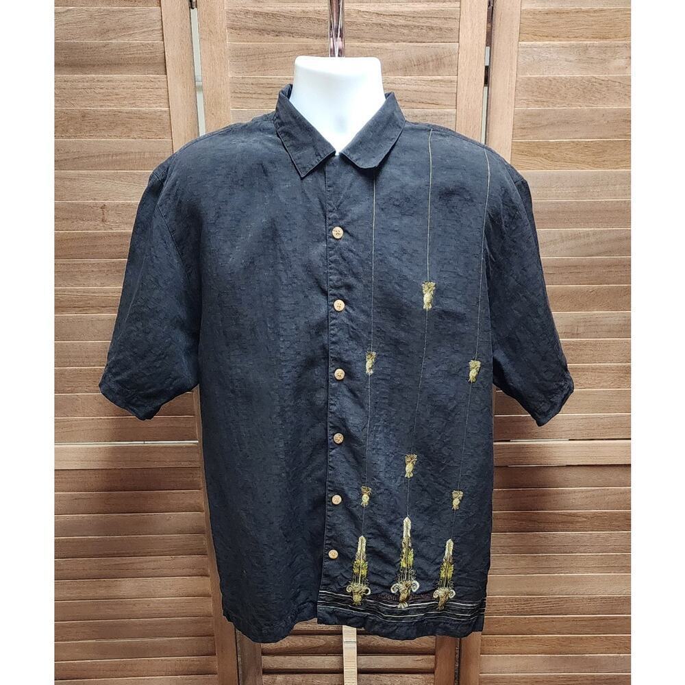 TOMMY BAHAMA Gold Pineapples Embroidered 100% Silk Hawaiian Medium M Shirt Black